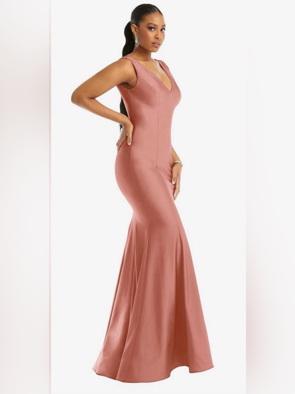 Cynthia & Sahar Shirred Shoulder Stretch Satin Mermaid Dress in Desert Rose